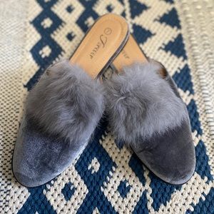 Silver Velvet Fur Trimmed Dressy Slippers Slip-On